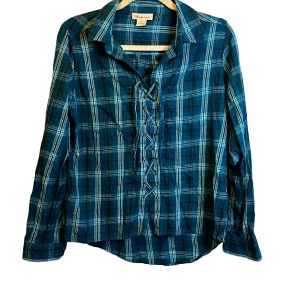 Ariat Shirt Women's Medium‎ Plaid Rodeo Western Festival Blue Lace up - Picture 1 of 4